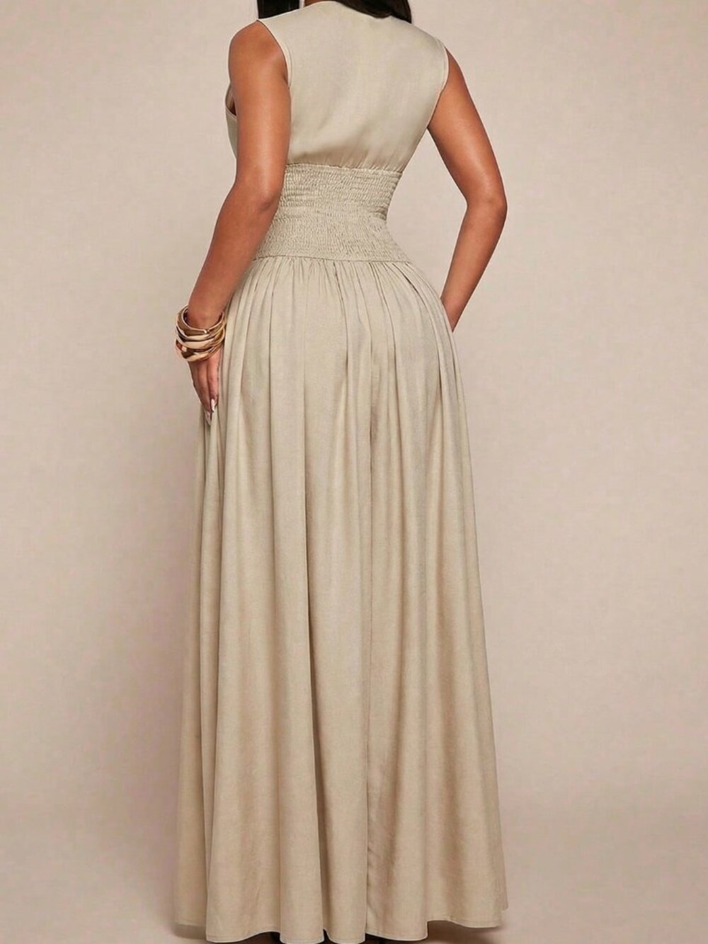 Khaki Elegant Women's V-Neck Sleeveless Waist-Cinched Button-Front Shirt dress - Picture 2 of 6